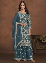 Faux Georgette Rama Party Wear Embroidery Work Sharara Suit